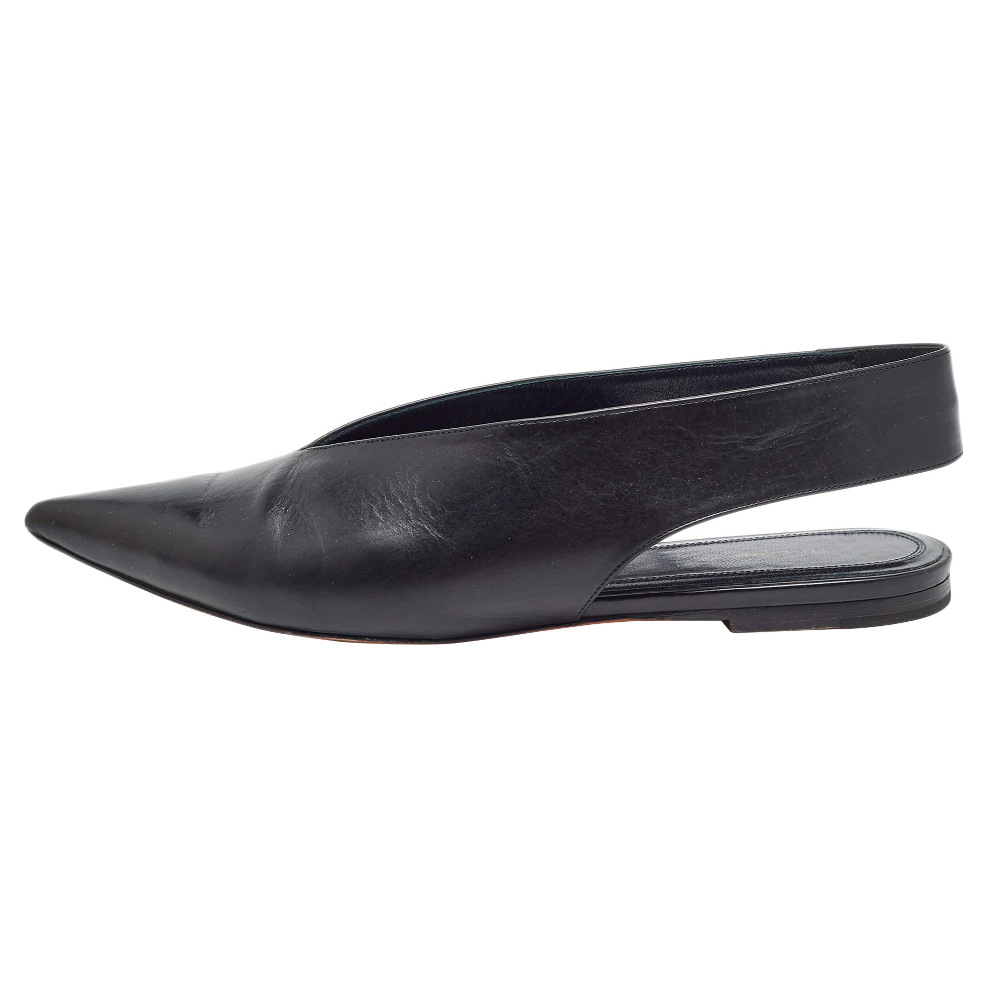 Celine Black Leather V Neck Pointed Toe Slingback Mules Size 38