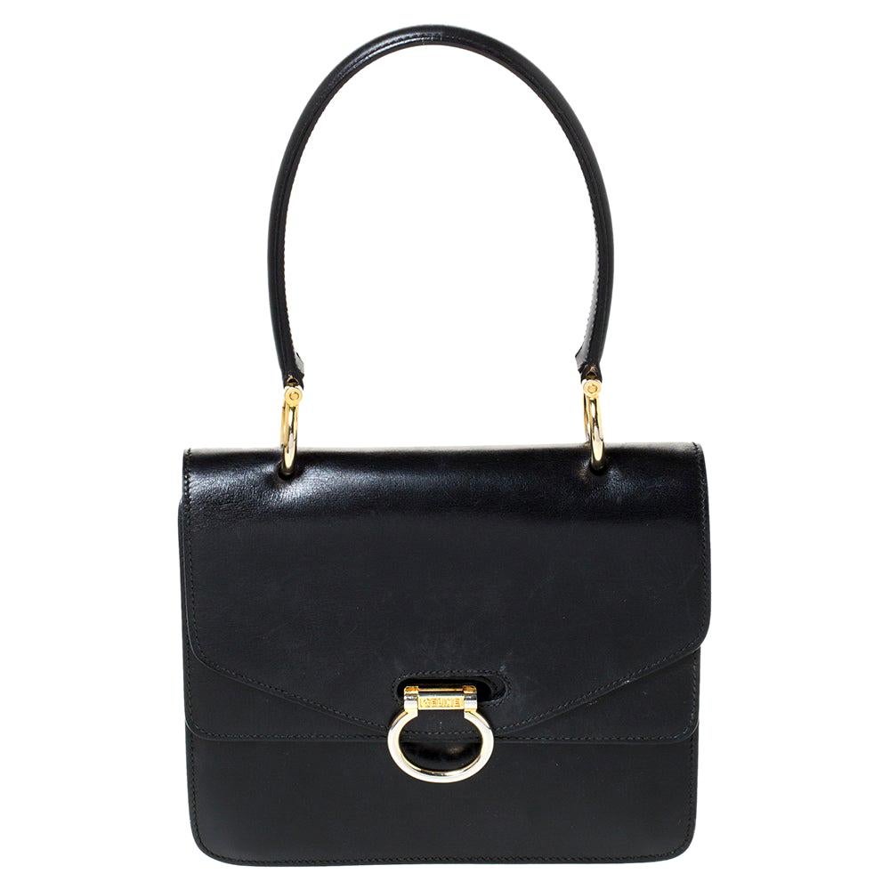 Celine Black Leather Vintage Flap Top Handle Bag