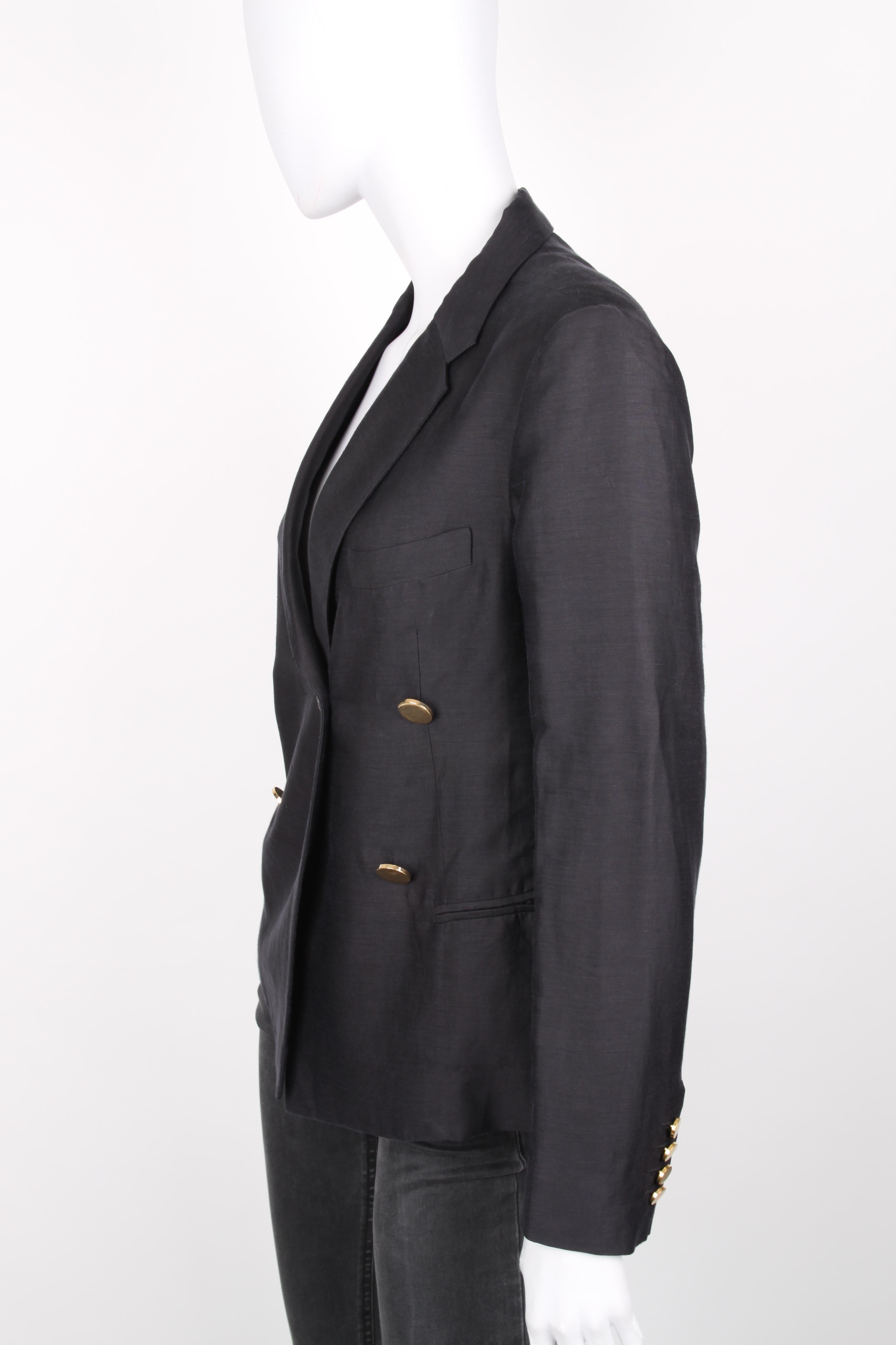 Céline Black Linen Double Breasted Longsleeve Blazer.

Double-breasted linen blazer from Céline by Phoebe Philo: black double-breasted blazer with long sleeves, front button closure, notched lapels, hip length, shoulderpads and front