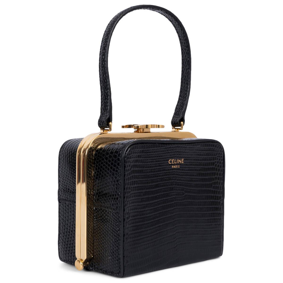 100% authentic Celine Lana Minaudière evening bag in black lizard (varanus salvator) featuring gold-tone finish hardware with Triomphe closure and black lambskin lining. Has been carried once or twice and is in virtually new condition. Comes with
