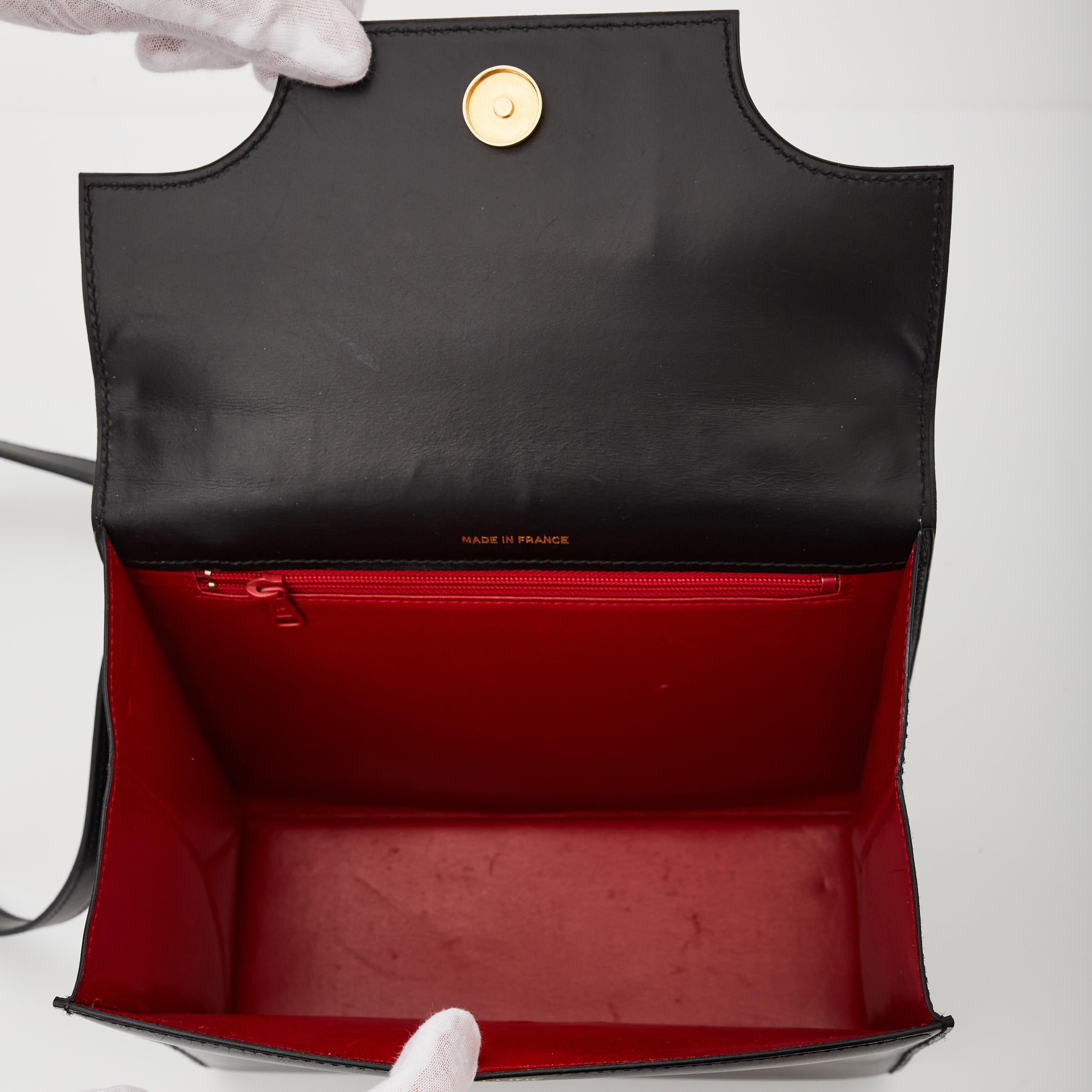 Celine Black Mini Logo Box Calf Kelly Bag With Strap 1