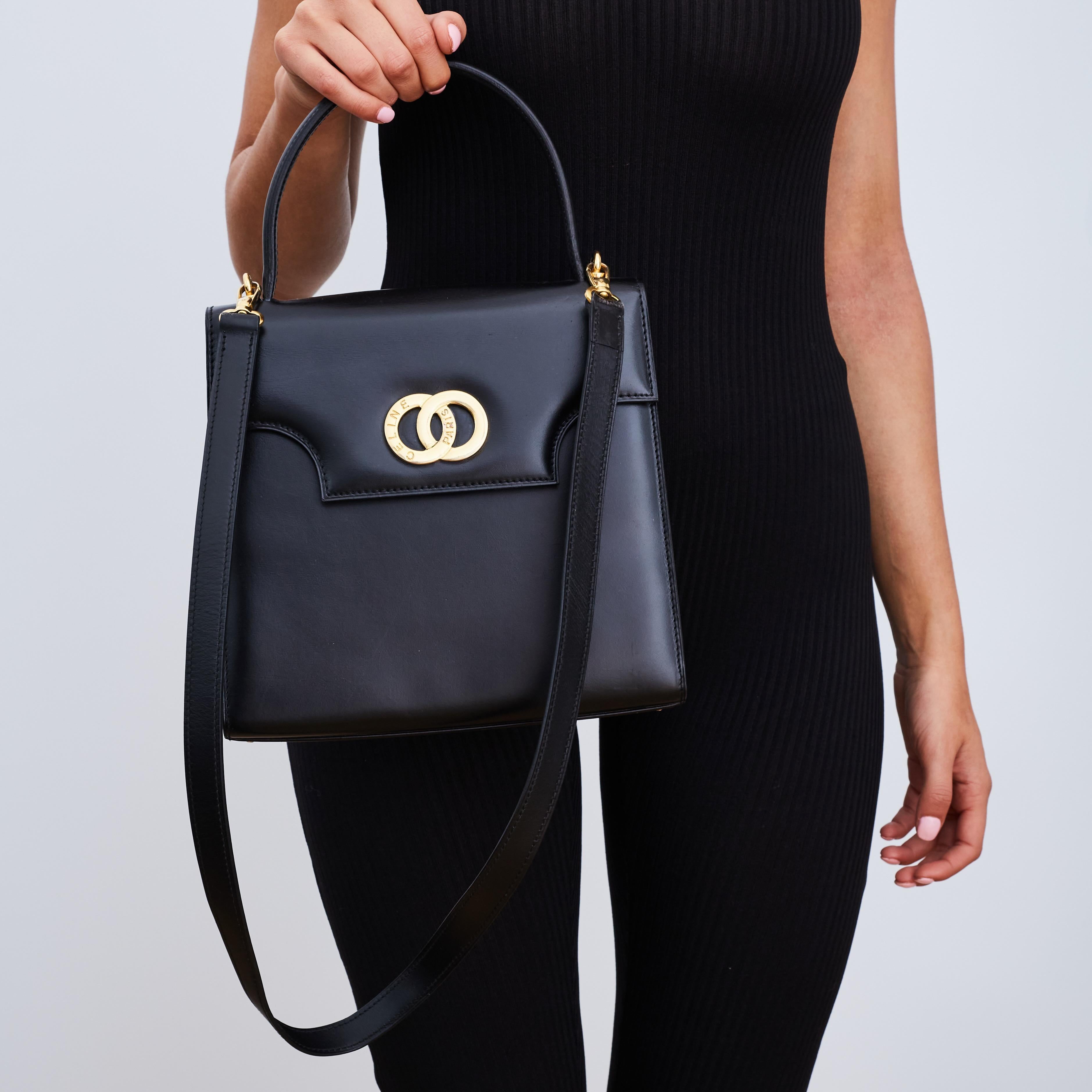 Celine Black Mini Logo Box Calf Kelly Bag With Strap 3