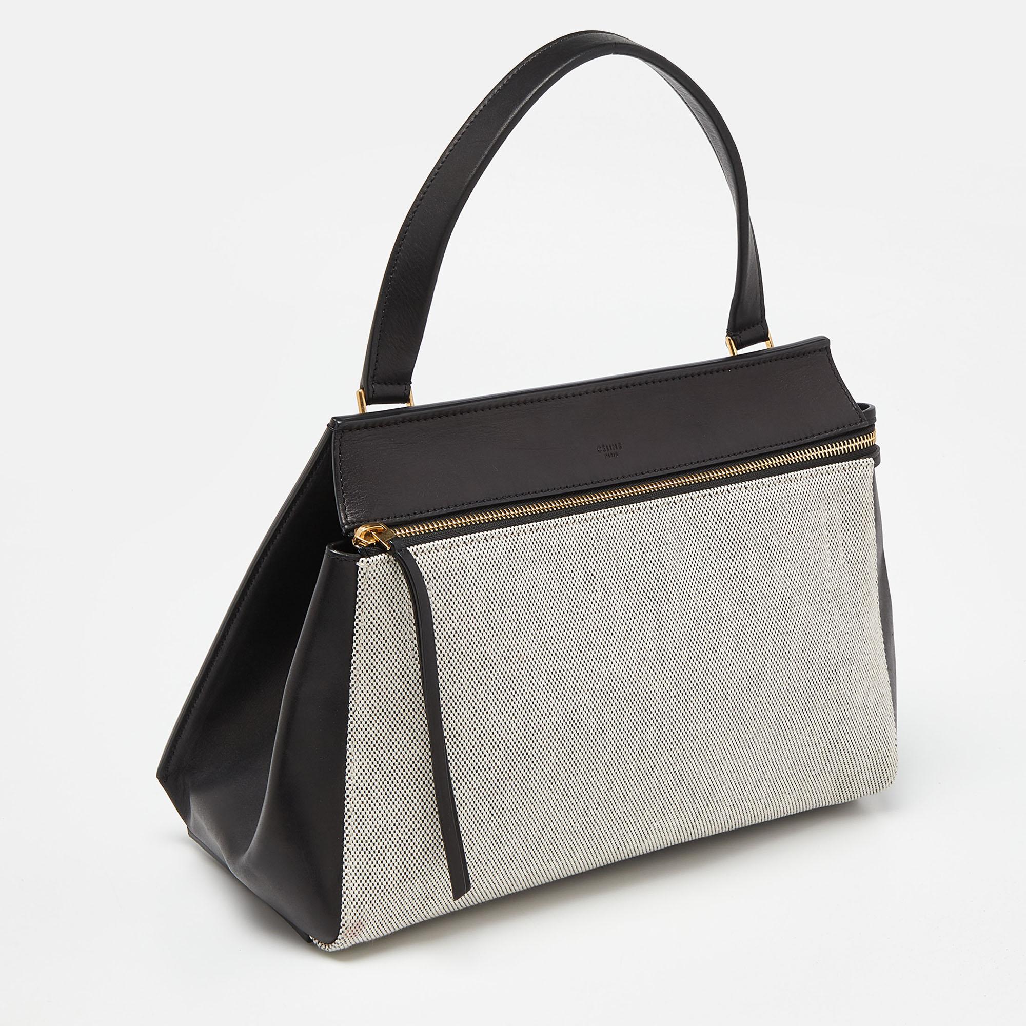 Céline Black/Off White Canvas and Leather Small Edge Bag In Good Condition For Sale In Dubai, Al Qouz 2