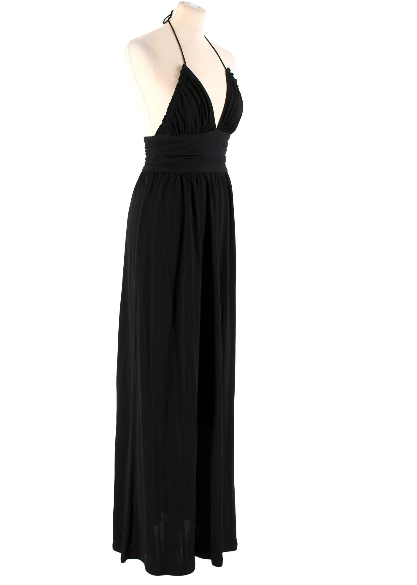Celine gown made from a stretch-jersey fabric in black colour. Features a sleeveless design, v-neck, ankle length and an open-back. 

- Concealed zip fastening
- Stretchy fabric
- Long length
- 100% viscose rayon
- Dry clean only
- Made in