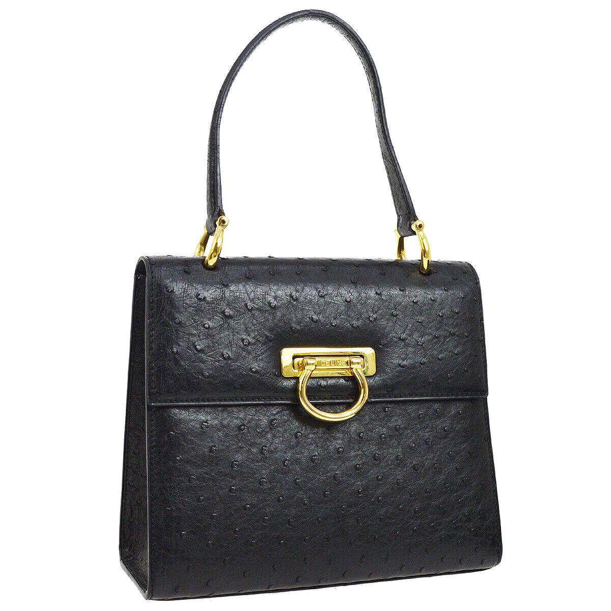 Celine Black Ostrich Leather Toggle Kelly Style Evening Top Handle Satchel Bag