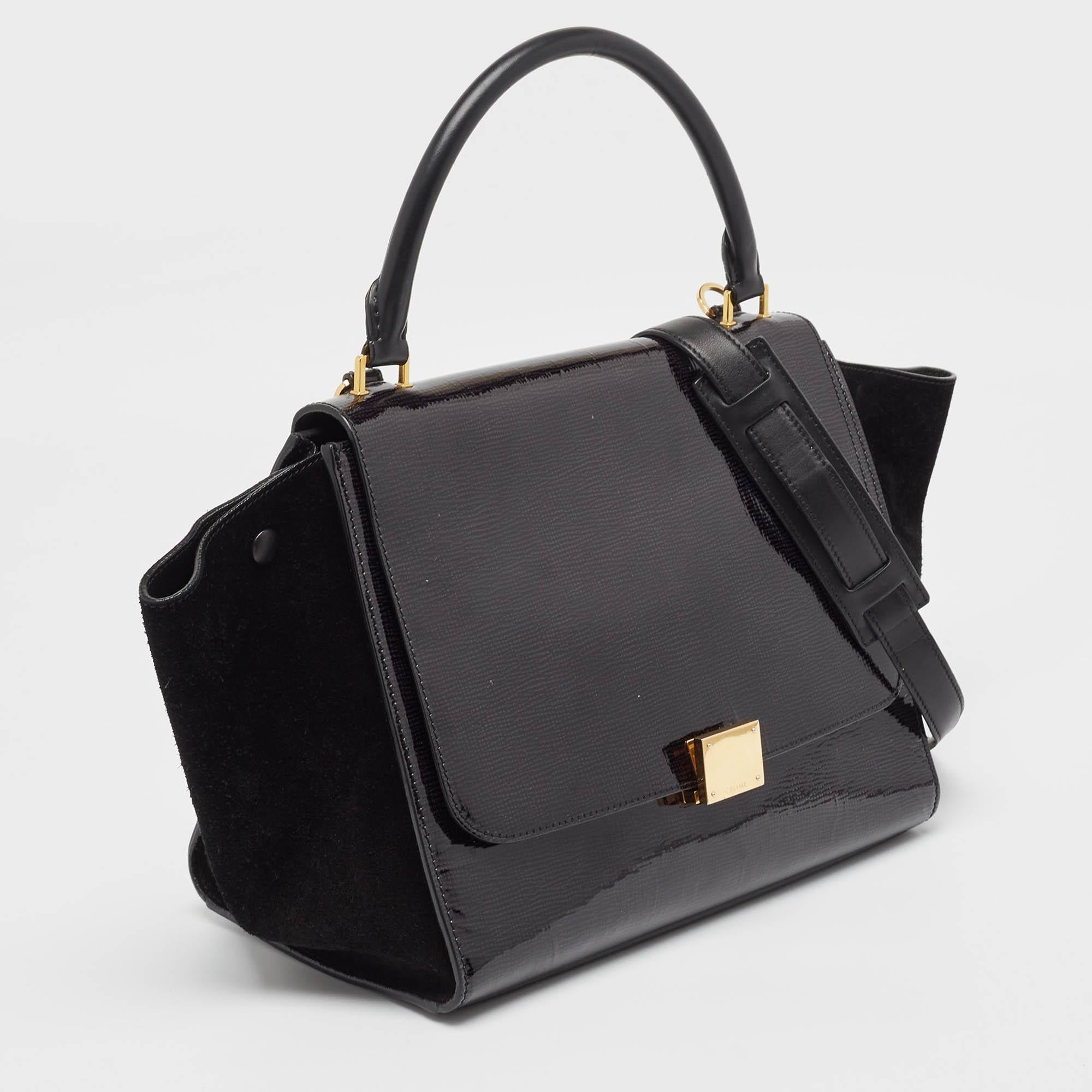 Celine Black Patent Leather and Suede Medium Trapeze Bag In Good Condition In Dubai, Al Qouz 2