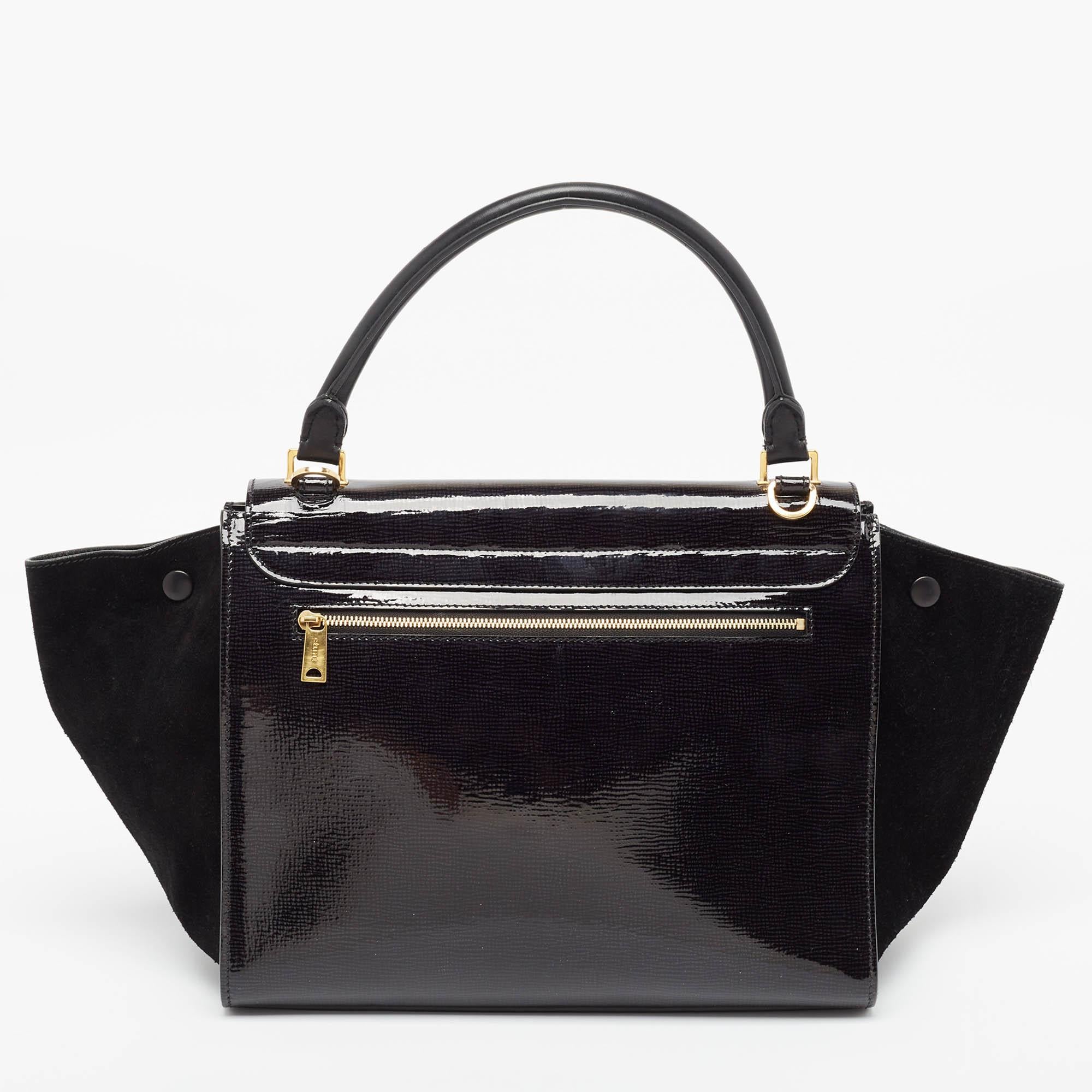 Women's Celine Black Patent Leather and Suede Medium Trapeze Bag