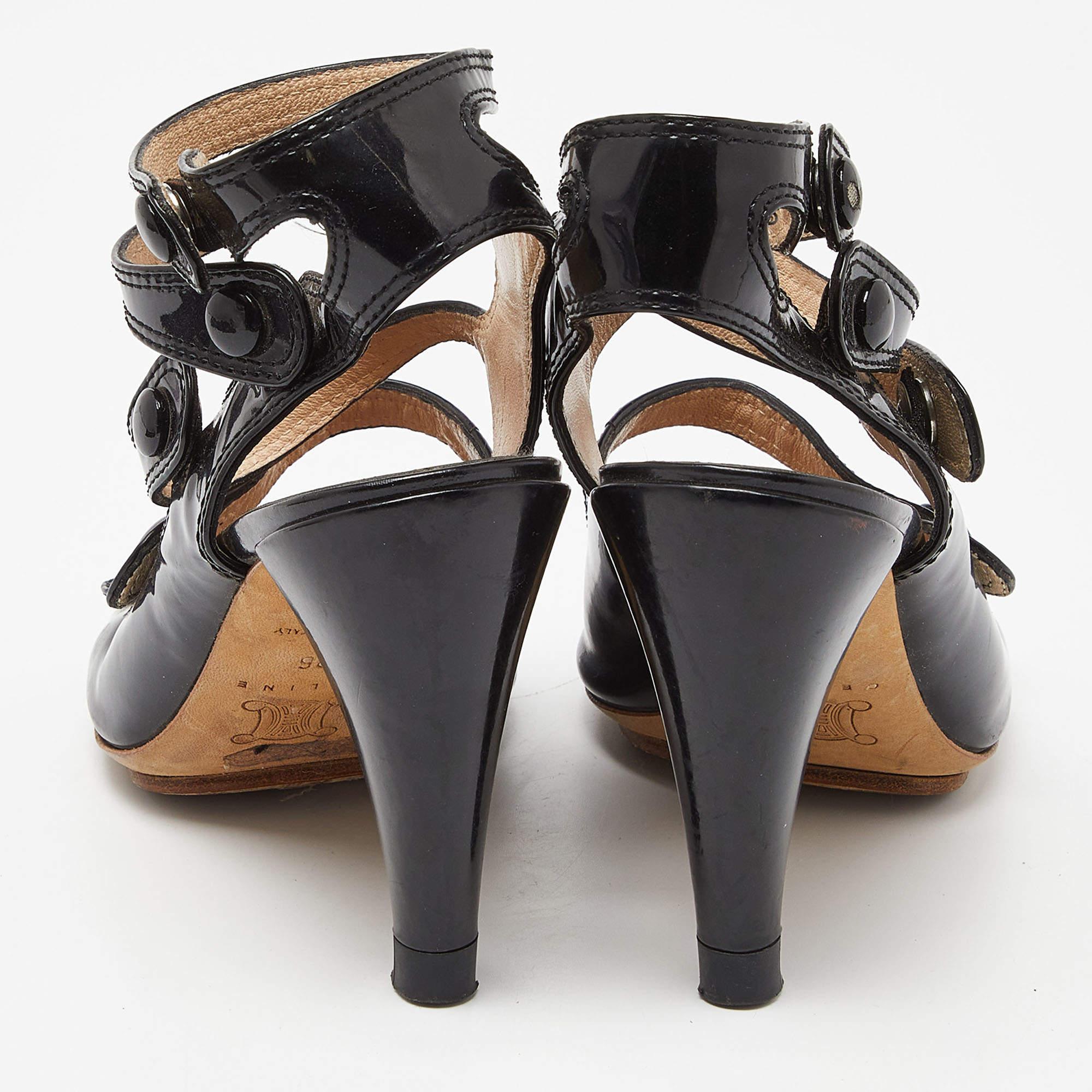 Donna Celine - Sandali con cinturino in pelle verniciata nera misura 36 in vendita