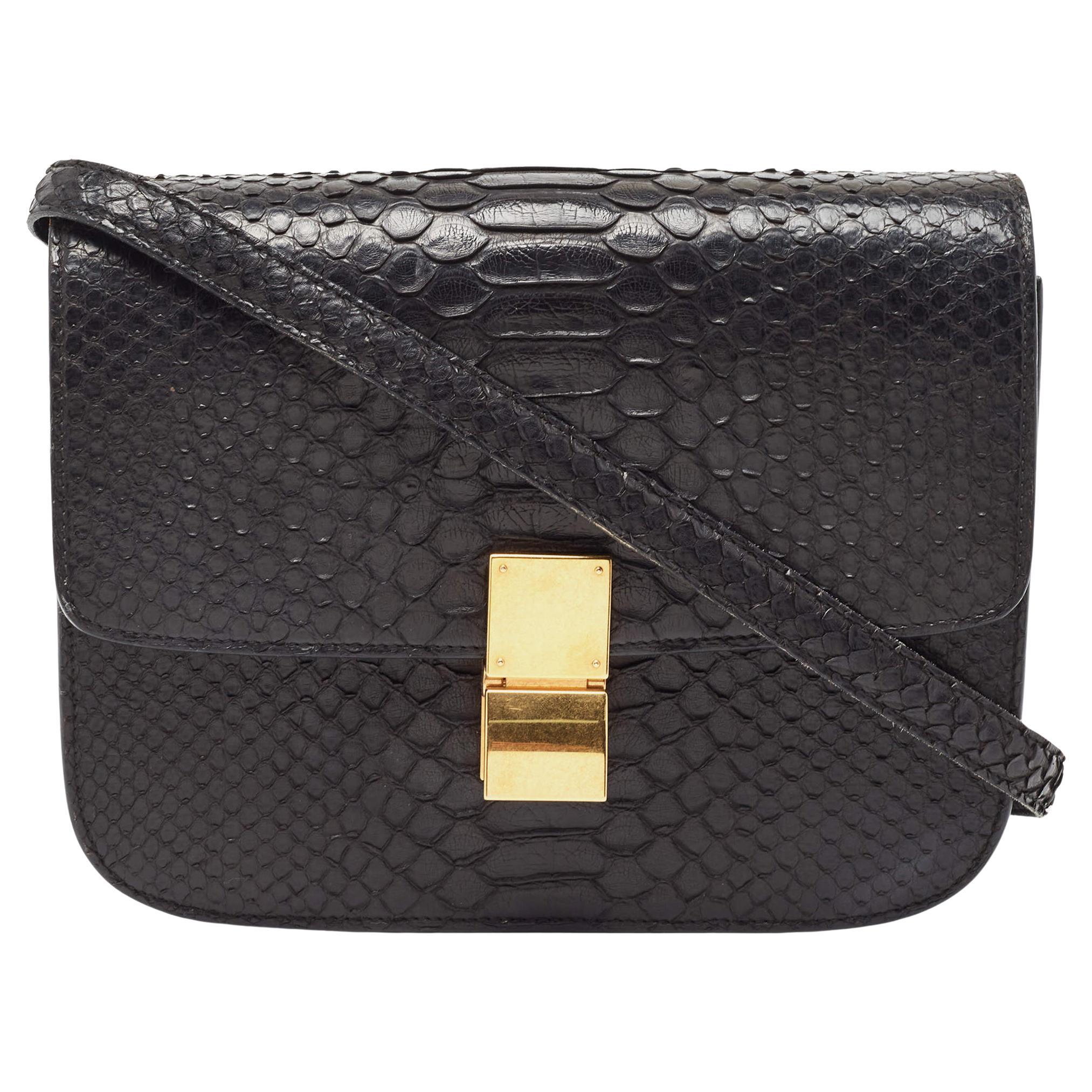 Celine Black Python Medium Classic Box Shoulder Bag For Sale
