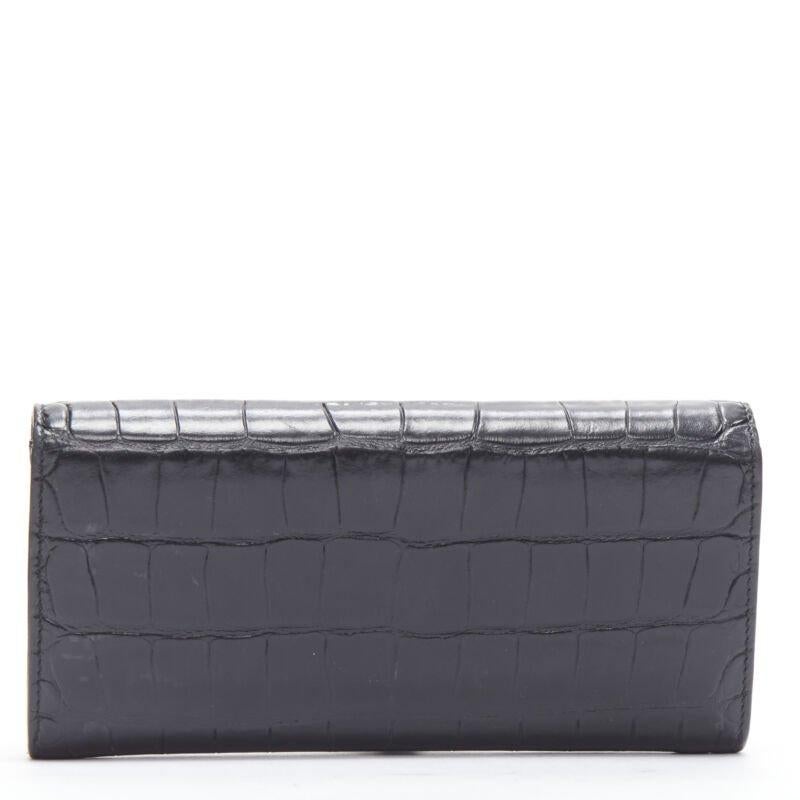 CELINE black scaled leather embossed calfskin flap front long wallet In Good Condition For Sale In Hong Kong, NT