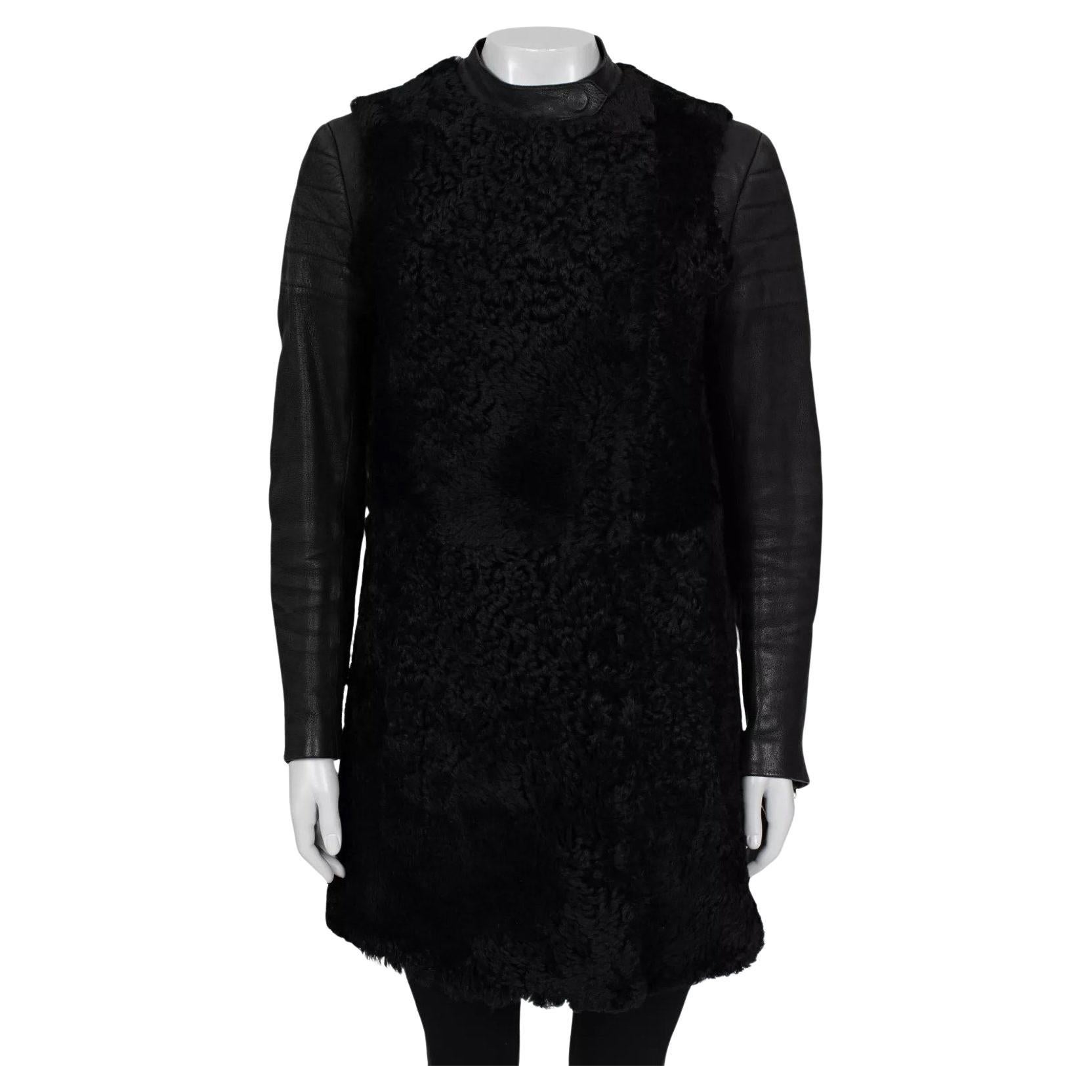 Celine, cappotto nero con maniche in pelle e shearling Sz.IT40/S