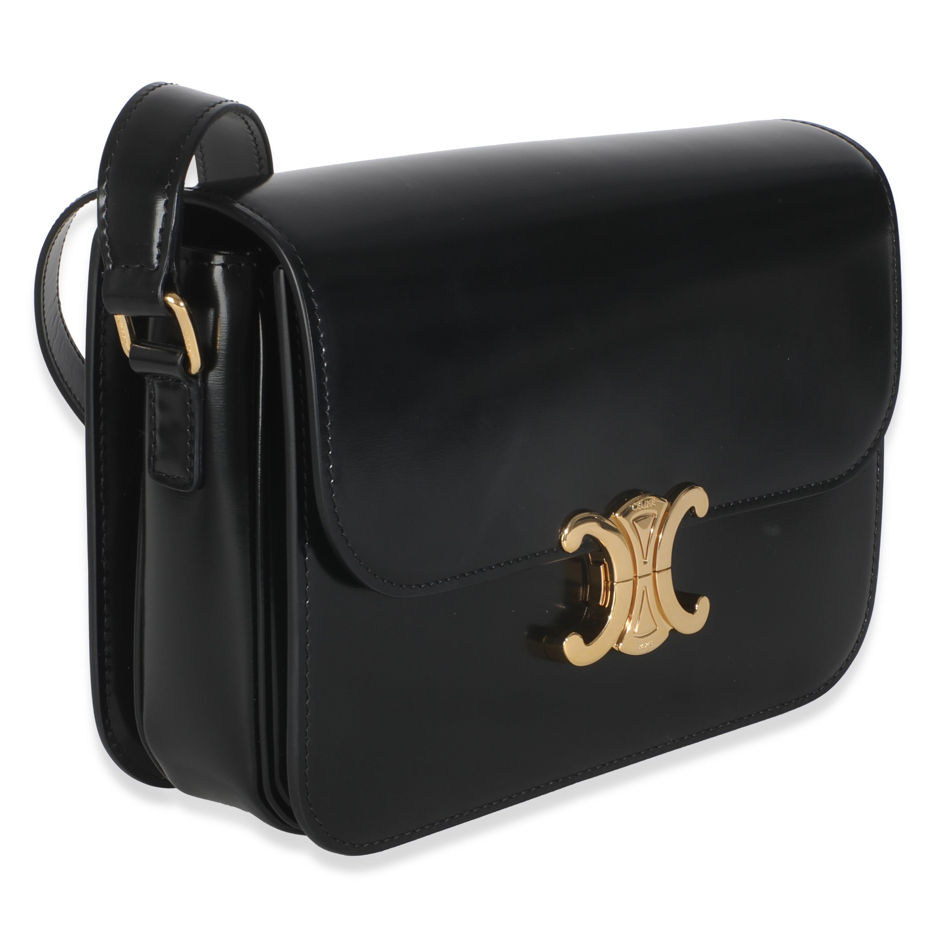 Celine Black Shiny Calfskin Medium Triomphe Bag In Excellent Condition For Sale In New York, NY