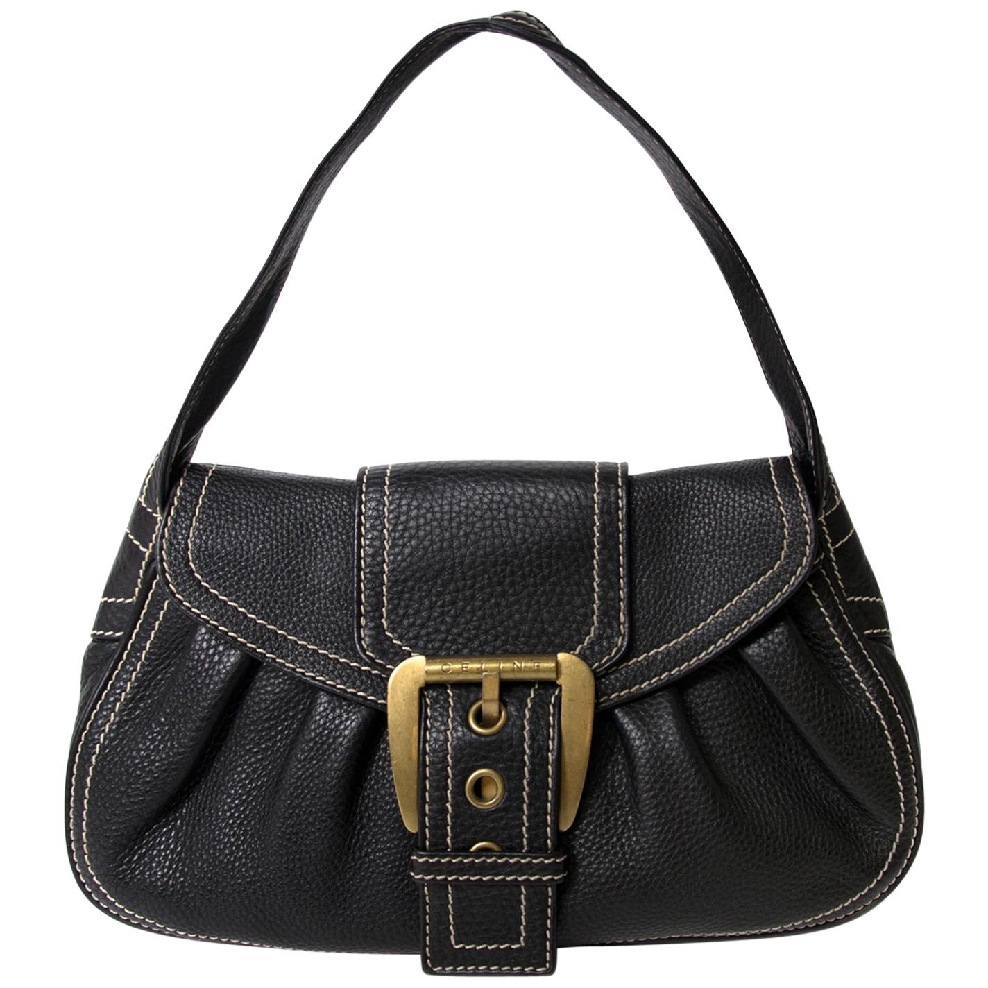 Céline Black Stiched Leather Buckle Shoulder Bag For Sale at
