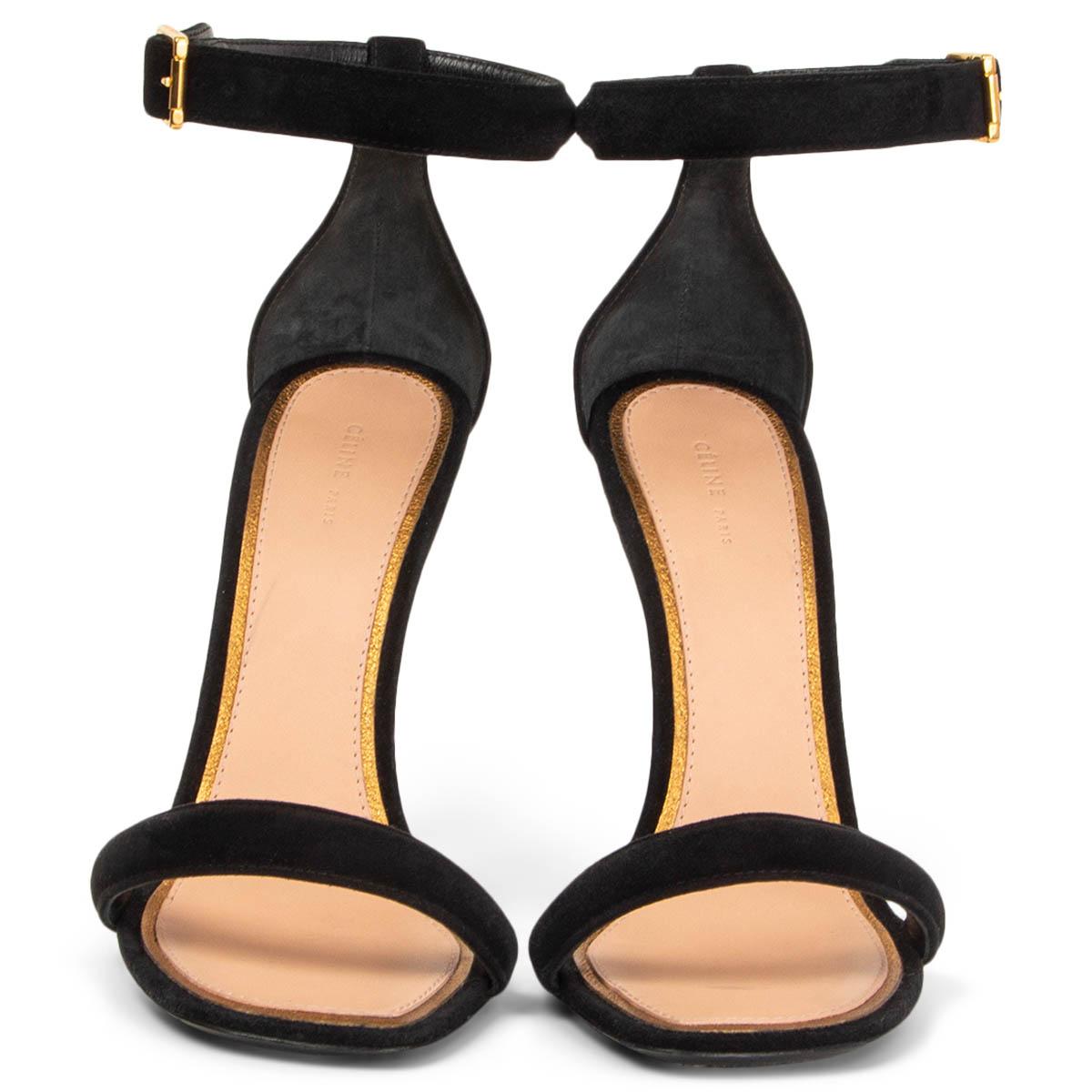 100% authentic Céline ankle-strap high heels in black suede featuring a gold-tone metal buckle. Have been worn and are in excellent condition. 

Measurements
Imprinted Size	37
Shoe Size	37
Inside Sole	23.5cm (9.2in)
Width	7cm (2.7in)
Heel	11cm
