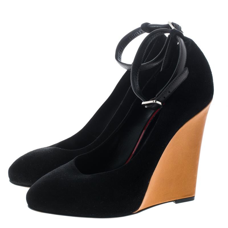 Women's Cèline Black Suede Color Block Wedge Ankle Strap Pumps Size 38