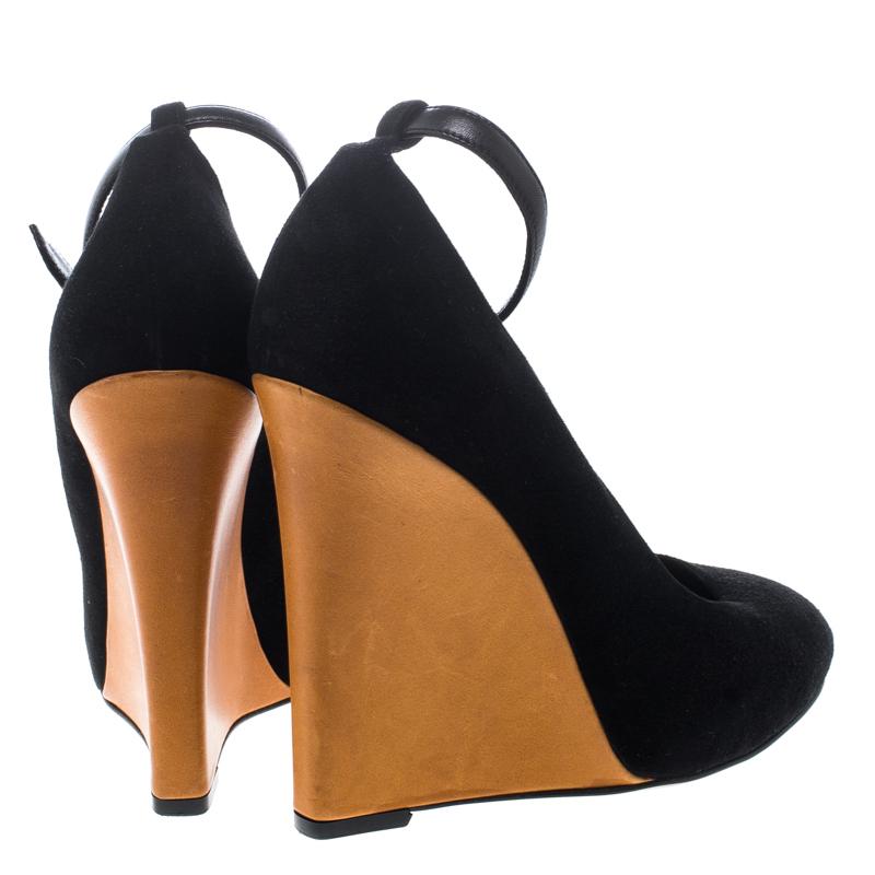 Cèline Black Suede Color Block Wedge Ankle Strap Pumps Size 38 1
