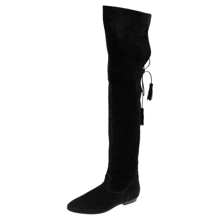 LOUIS VUITTON Fringe Knee-high Heel Boots Suede Black