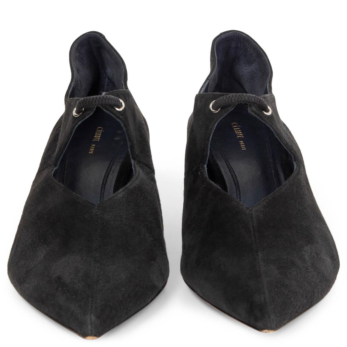 100% authentic Céline pointed-toe kitten-heel pumps in black suede leather and elastic strap over the instep. Have been worn and are in excellent condition. 

Measurements
Imprinted Size	37.5
Shoe Size	37.5
Inside Sole	24.5cm (9.6in)
Width	7cm