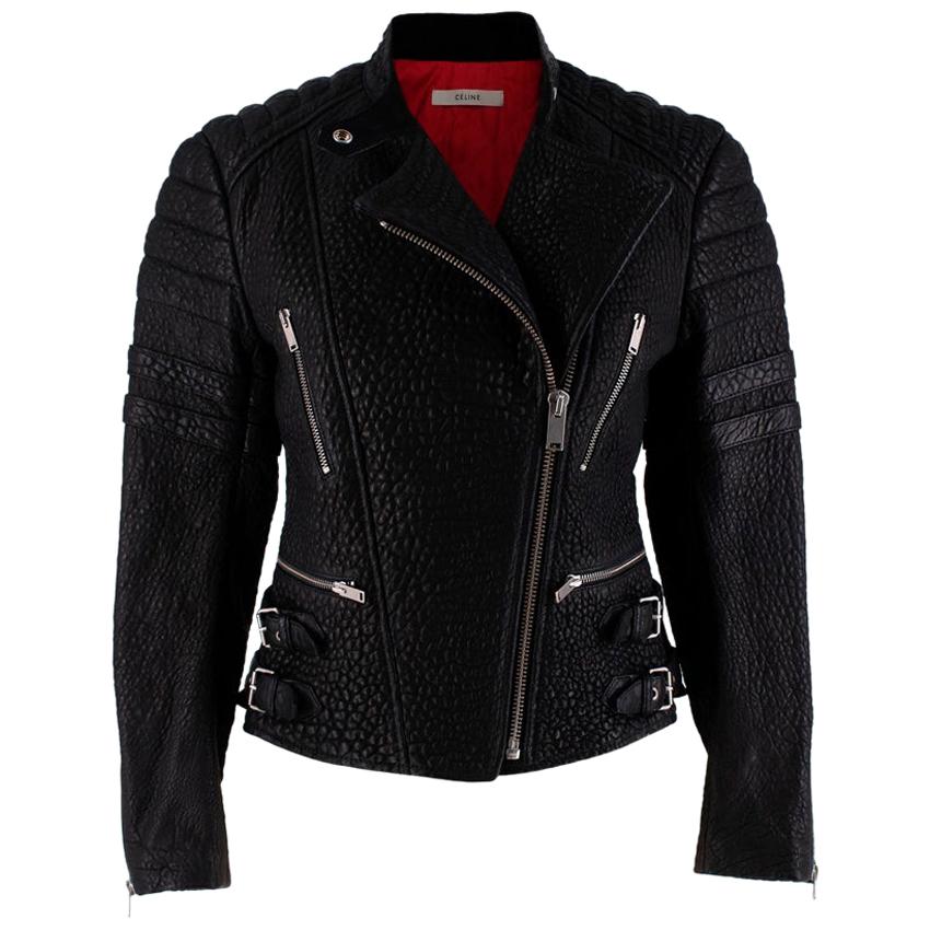 Celine Black Textured Lambskin Biker Jacket - Size US 6 For Sale