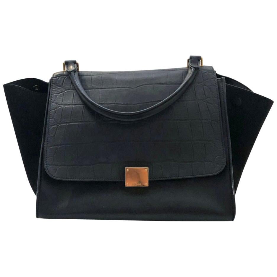 Celine Black Trapeze Medium Size Bag with Embossed Crocodile Flap 