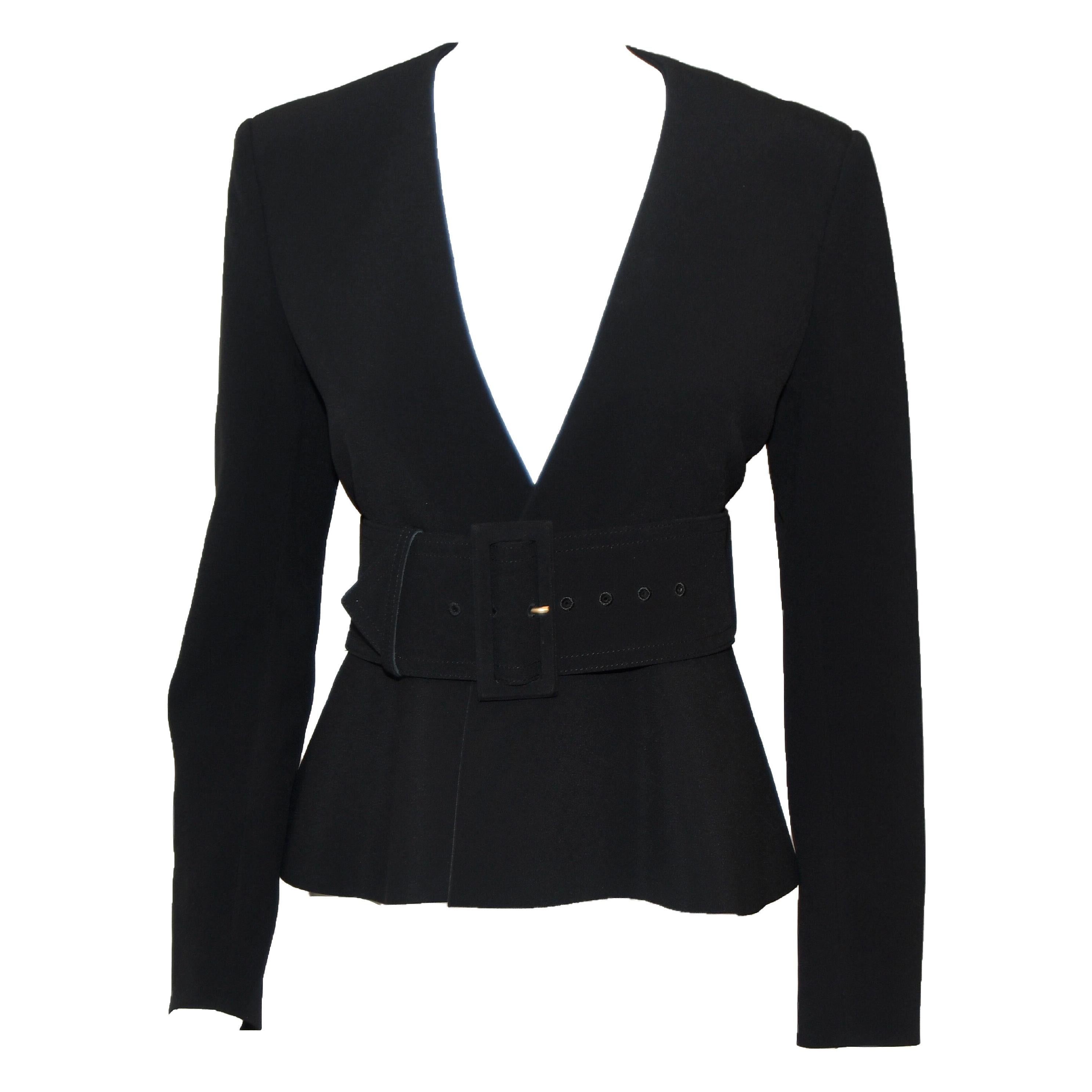 Celine Black V Neck Belted Jacket With Peplum 2012 Spring Paris Collection 40 EU For Sale