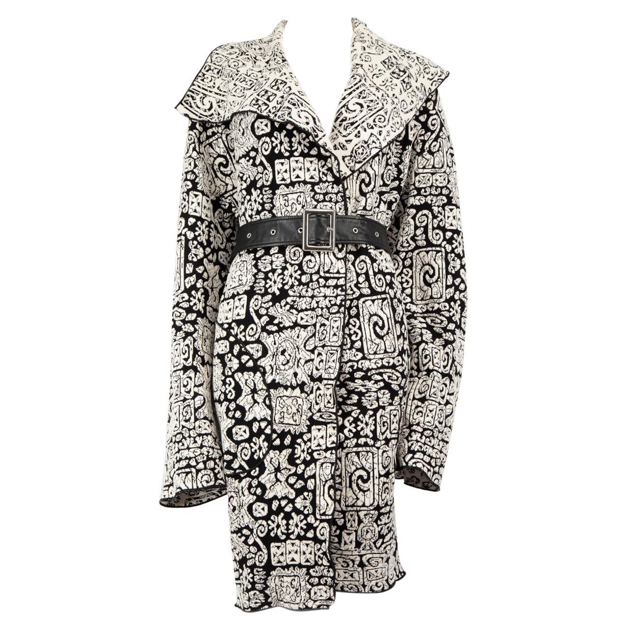 Céline Black & White Abstract Pattern Belted Coat Size M