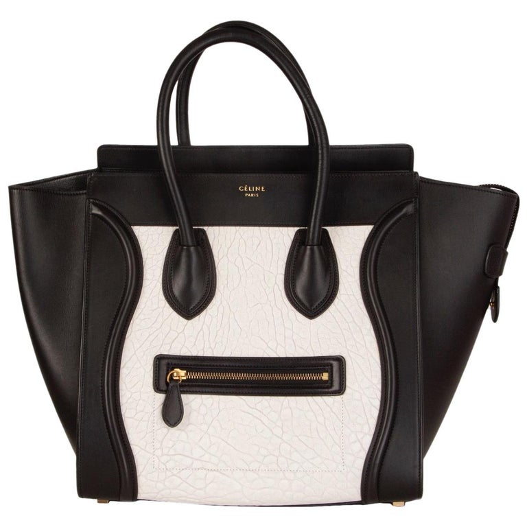 CELINE black and white leather MINI LUGGAGE Tote Shoulder Bag at