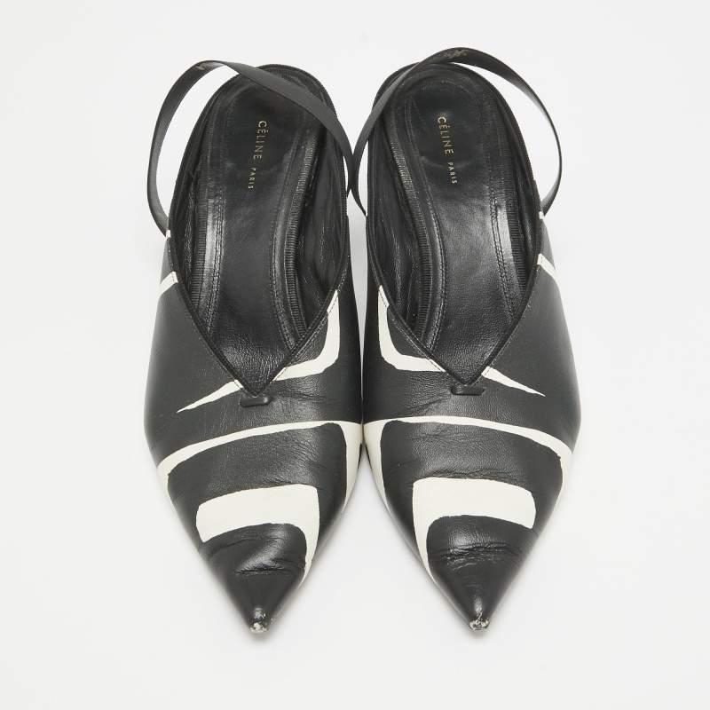 Celine Black/White Leather Pointed Toe Slingback Pumps Size 37.5 In Fair Condition For Sale In Dubai, Al Qouz 2