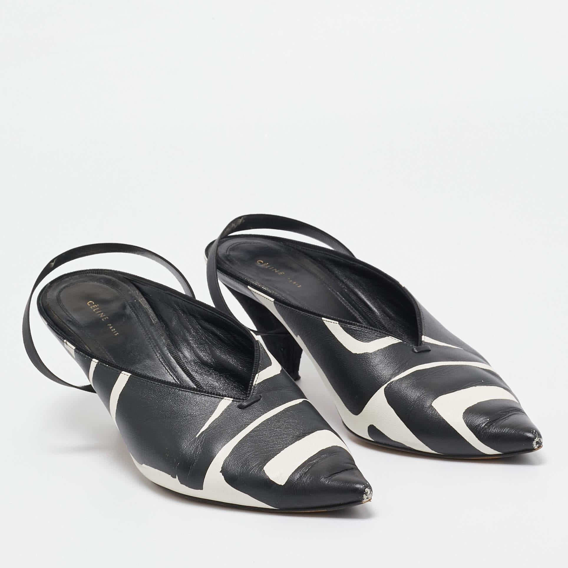 Celine Black/White Leather Pointed Toe Slingback Pumps Size 37.5 For Sale 1