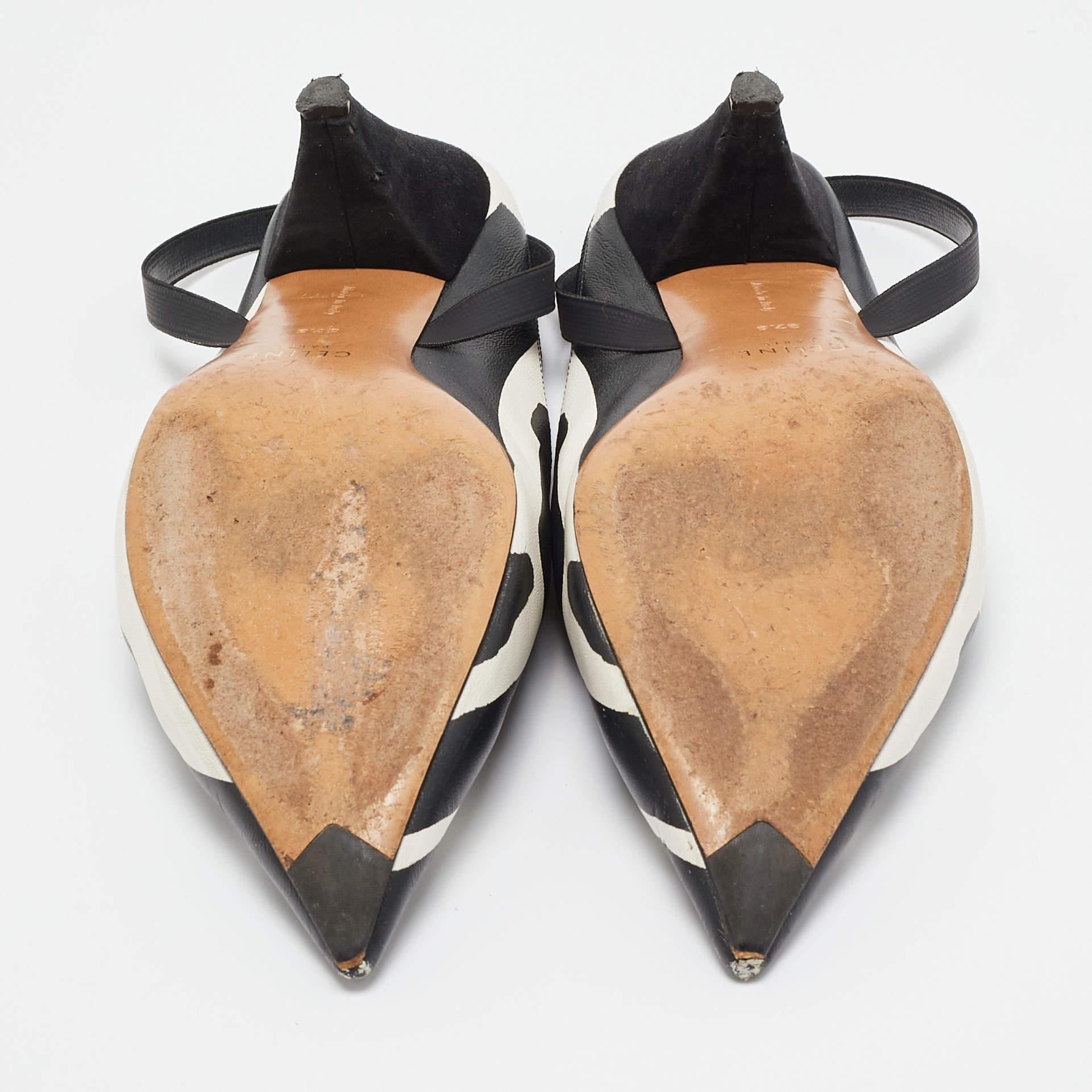 Celine Black/White Leather Pointed Toe Slingback Pumps Size 37.5 For Sale 3