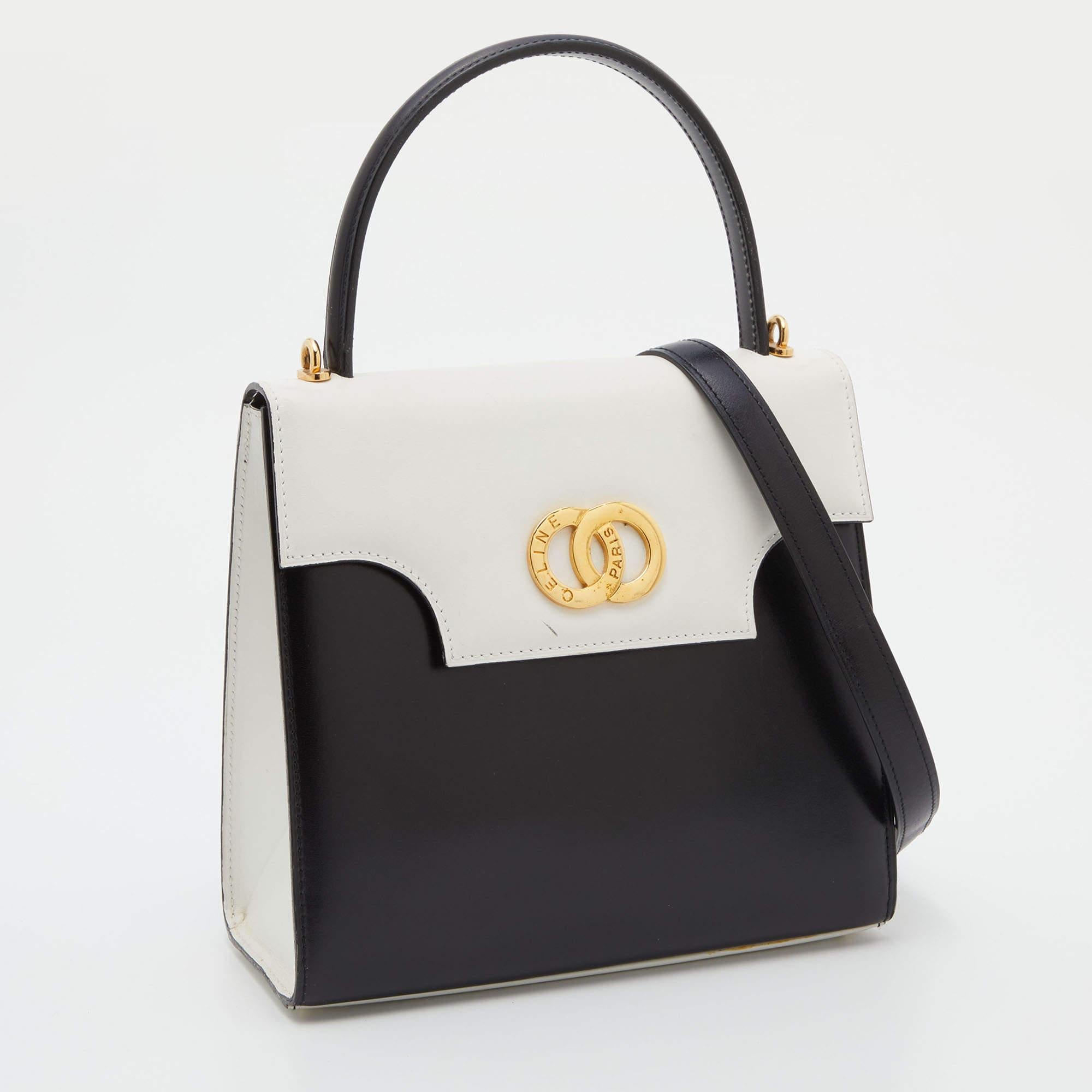 Celine Black/White Leather Vintage Box Top Handle Bag In Good Condition In Dubai, Al Qouz 2
