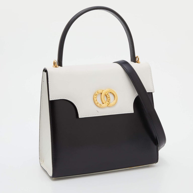 Celine Black/White Leather Vintage Box Top Handle Bag For Sale at