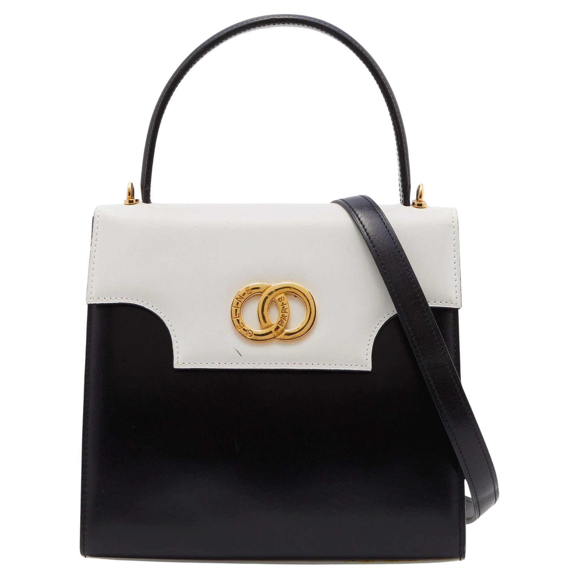 Celine Black/White Leather Vintage Box Top Handle Bag For Sale at