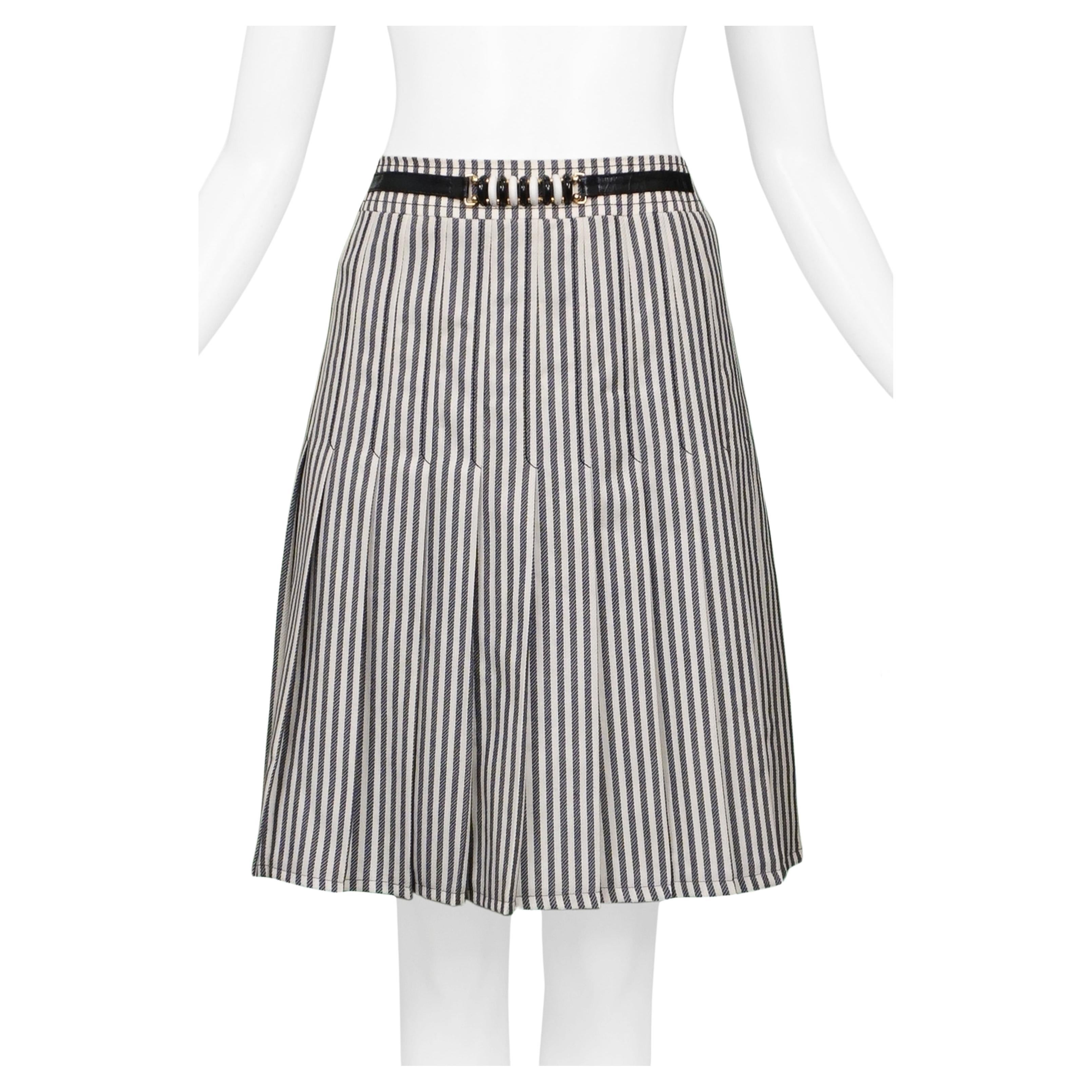 Celine Black & White Stripe Box Pleat Skirt With Hardware For Sale