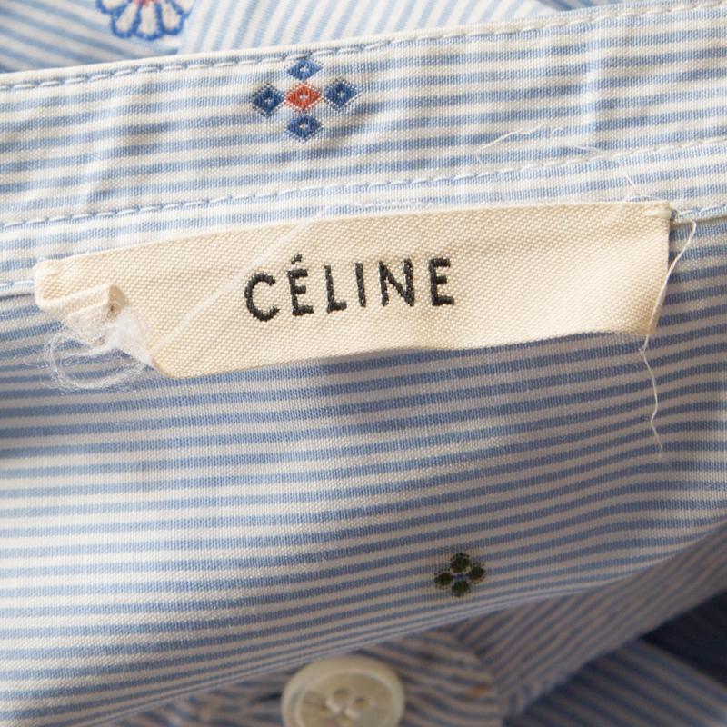 Celine Blue and White Striped Embroidered Cotton High Low Tunic M In Good Condition In Dubai, Al Qouz 2