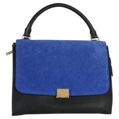 Celine Blue Black Cream Suede Grained Calfskin Small Trapeze Bag