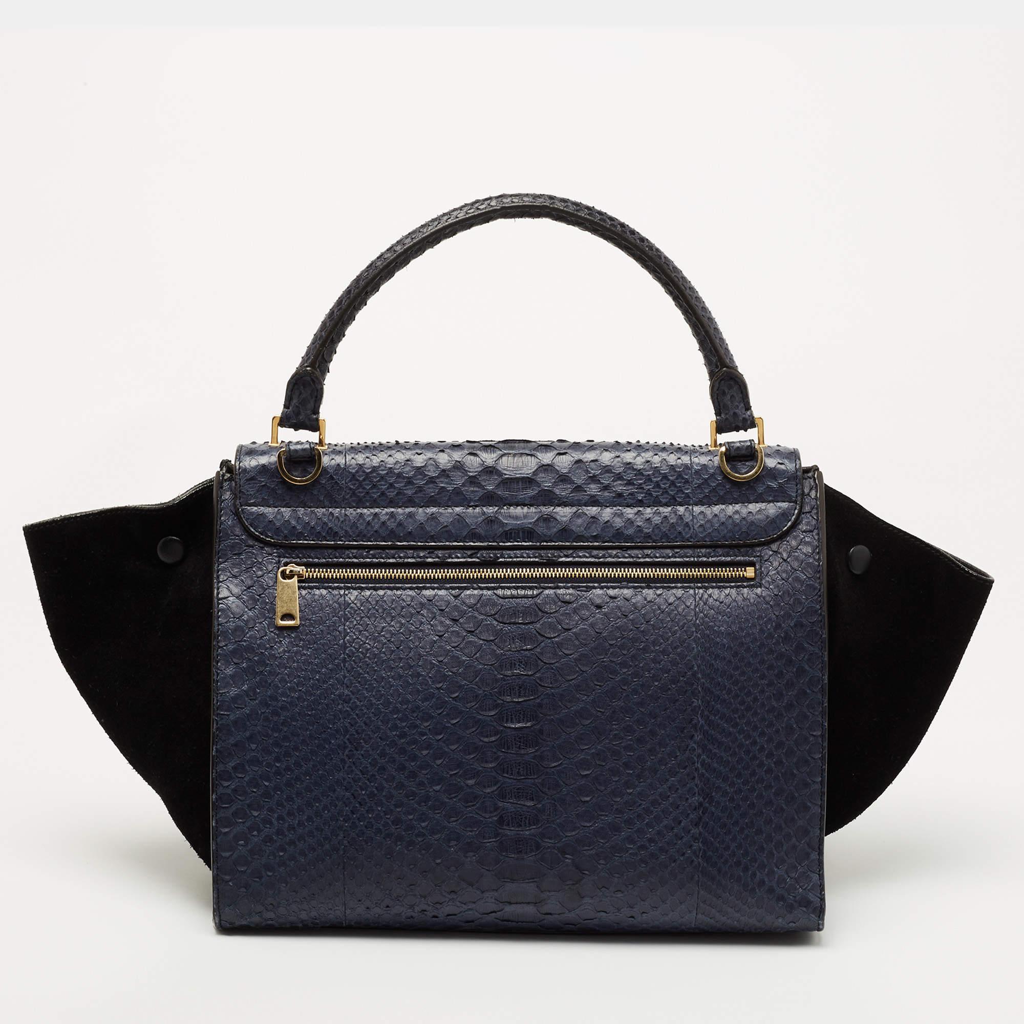 Celine Blue/Black Python and Suede Medium Trapeze Tote For Sale 15
