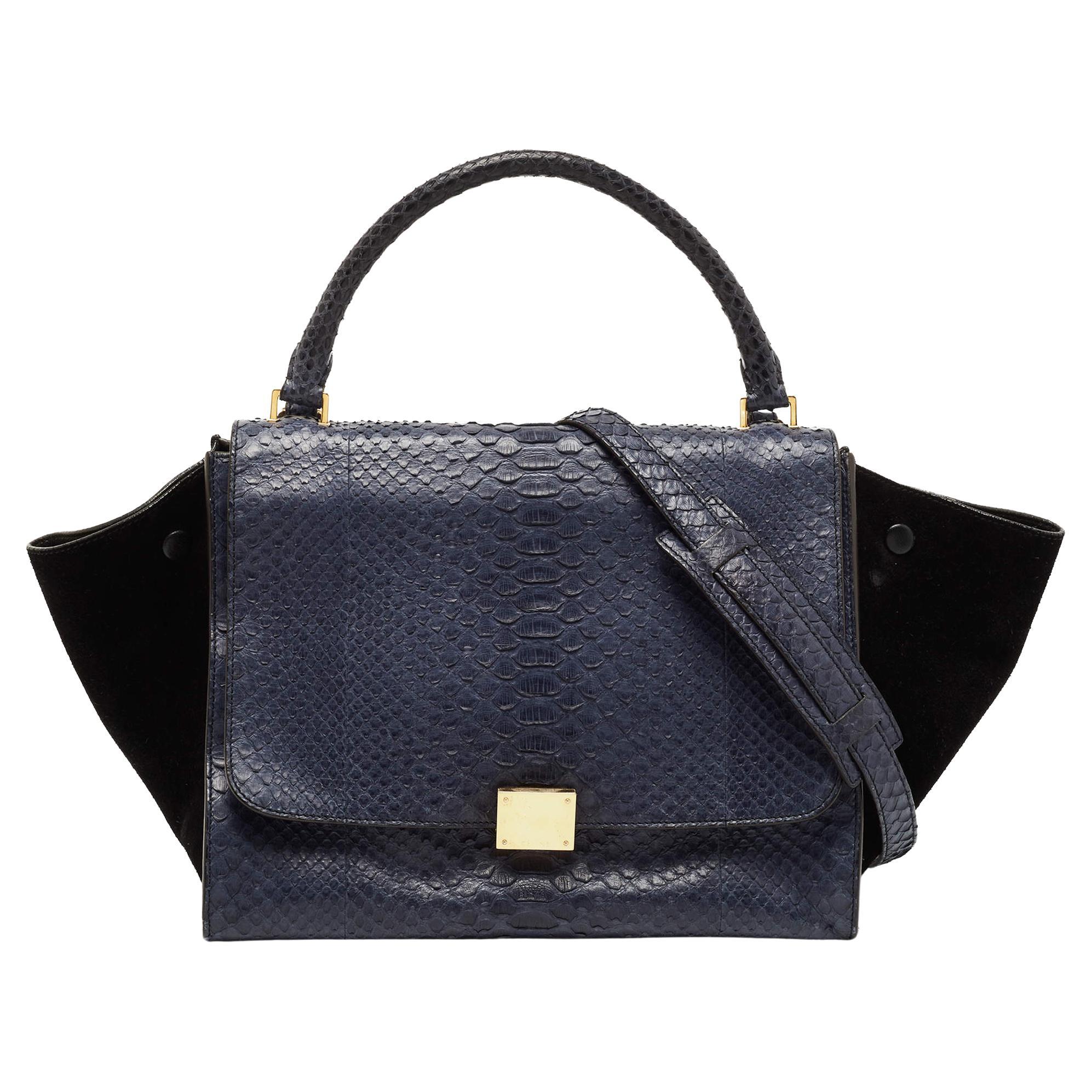 Celine Blue/Black Python and Suede Medium Trapeze Tote For Sale
