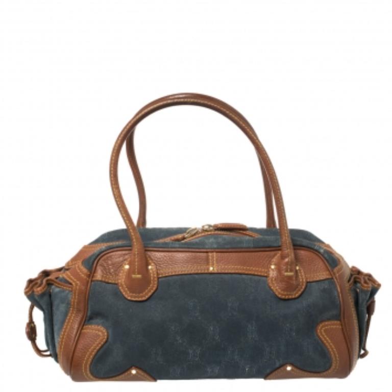 Black Celine Blue/Brown Macadam Denim and Leather Drawstring Pocket Satchel For Sale