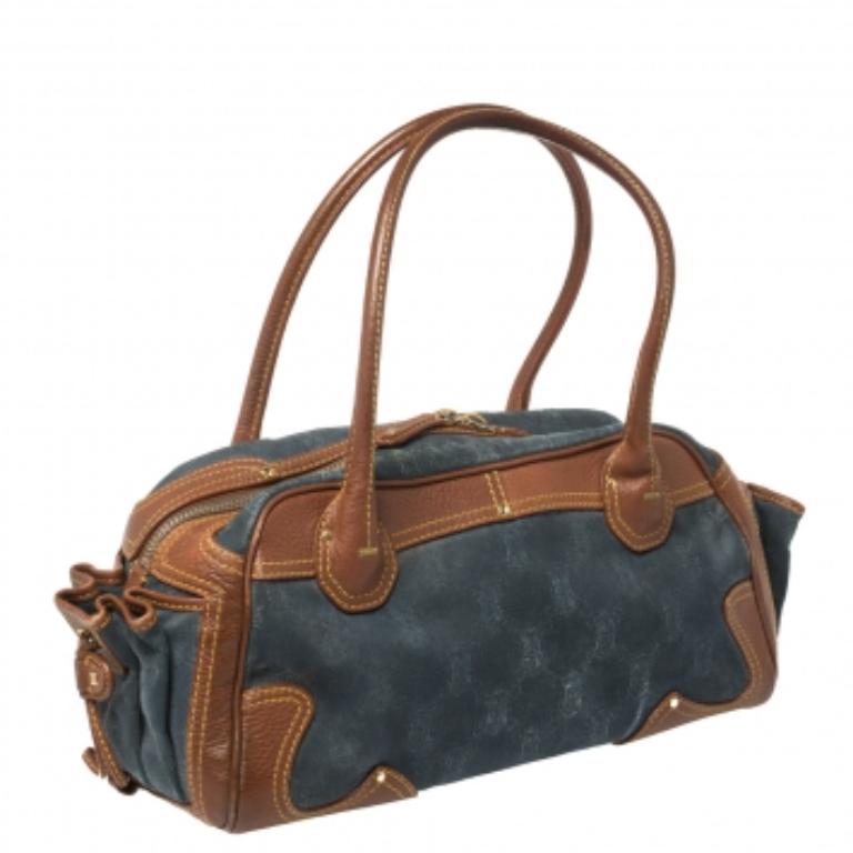 Celine Blue/Brown Macadam Denim and Leather Drawstring Pocket Satchel In Fair Condition For Sale In Dubai, Al Qouz 2