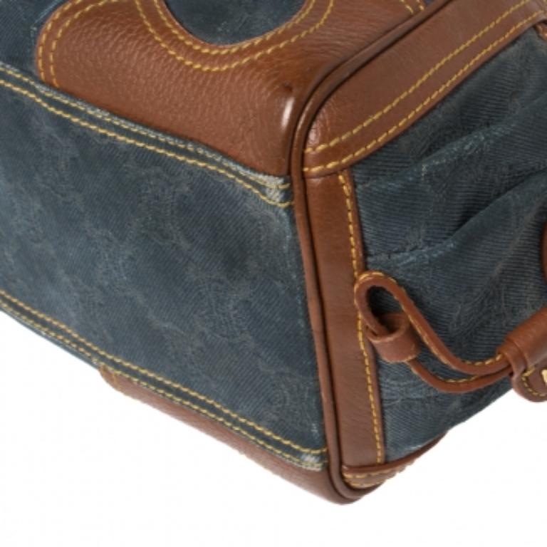 Women's Celine Blue/Brown Macadam Denim and Leather Drawstring Pocket Satchel For Sale