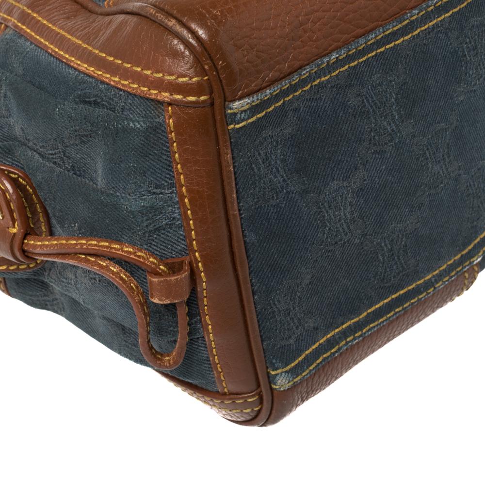 Celine Blue/Brown Macadam Denim and Leather Drawstring Pocket Satchel In Good Condition For Sale In Dubai, Al Qouz 2