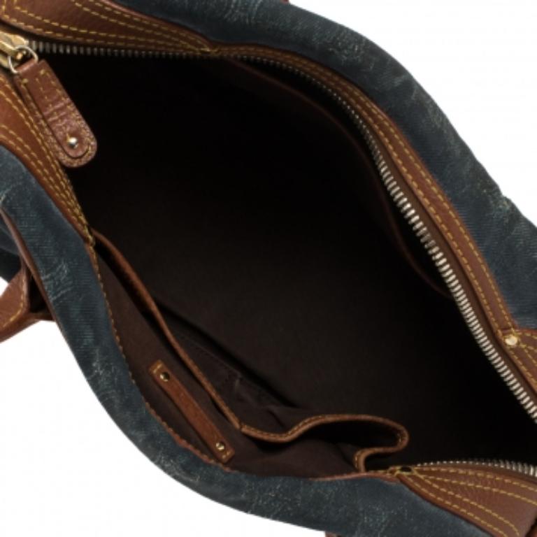 Celine Blue/Brown Macadam Denim and Leather Drawstring Pocket Satchel For Sale 4