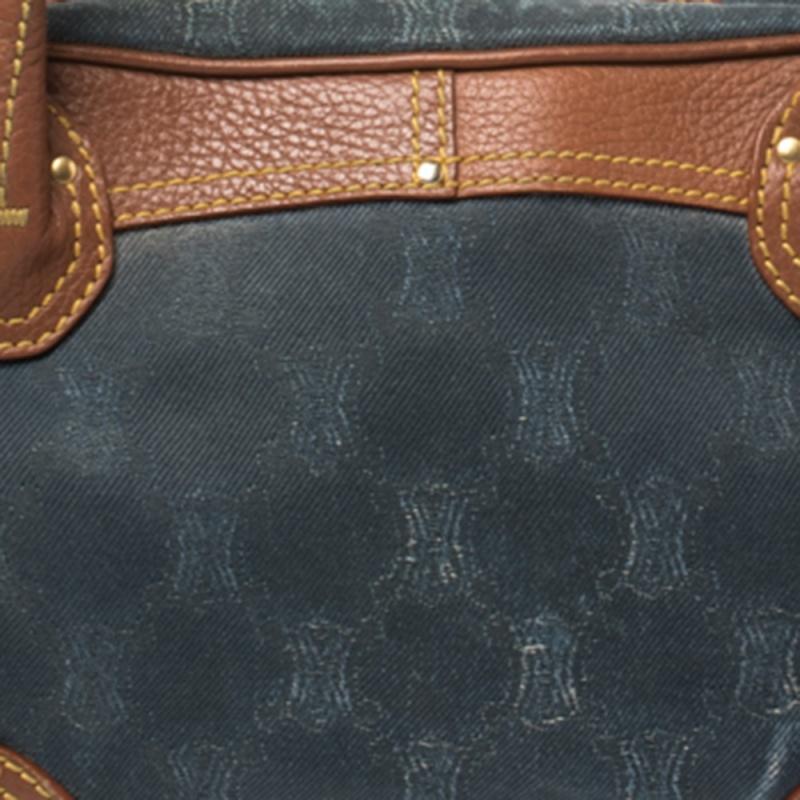 Celine Blue/Brown Macadam Denim and Leather Drawstring Pocket Satchel For Sale 1
