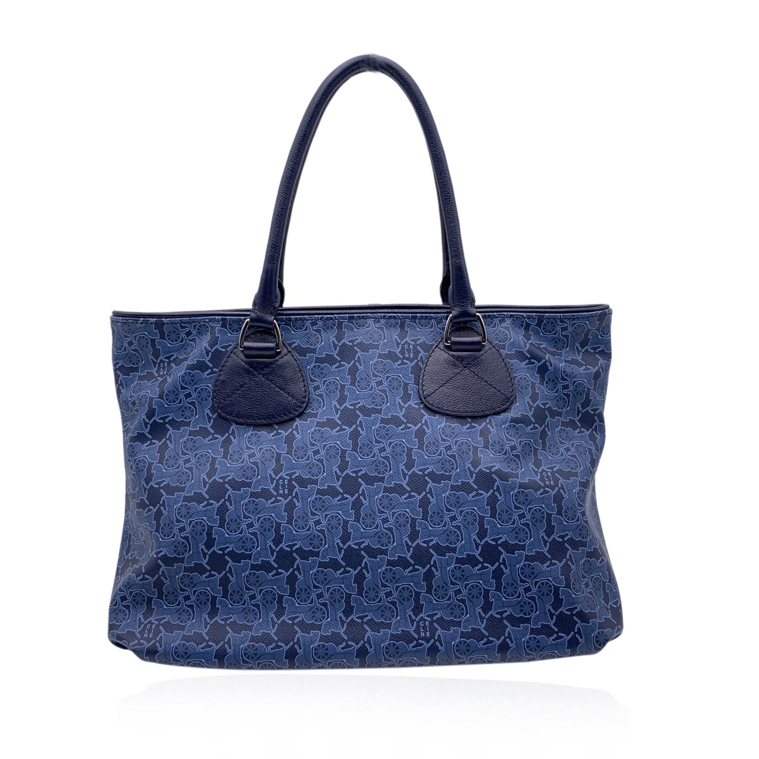 Celine Blue Canvas Carriage Printed Tote Bag Shoulder Bag In Excellent Condition In Rome, Rome