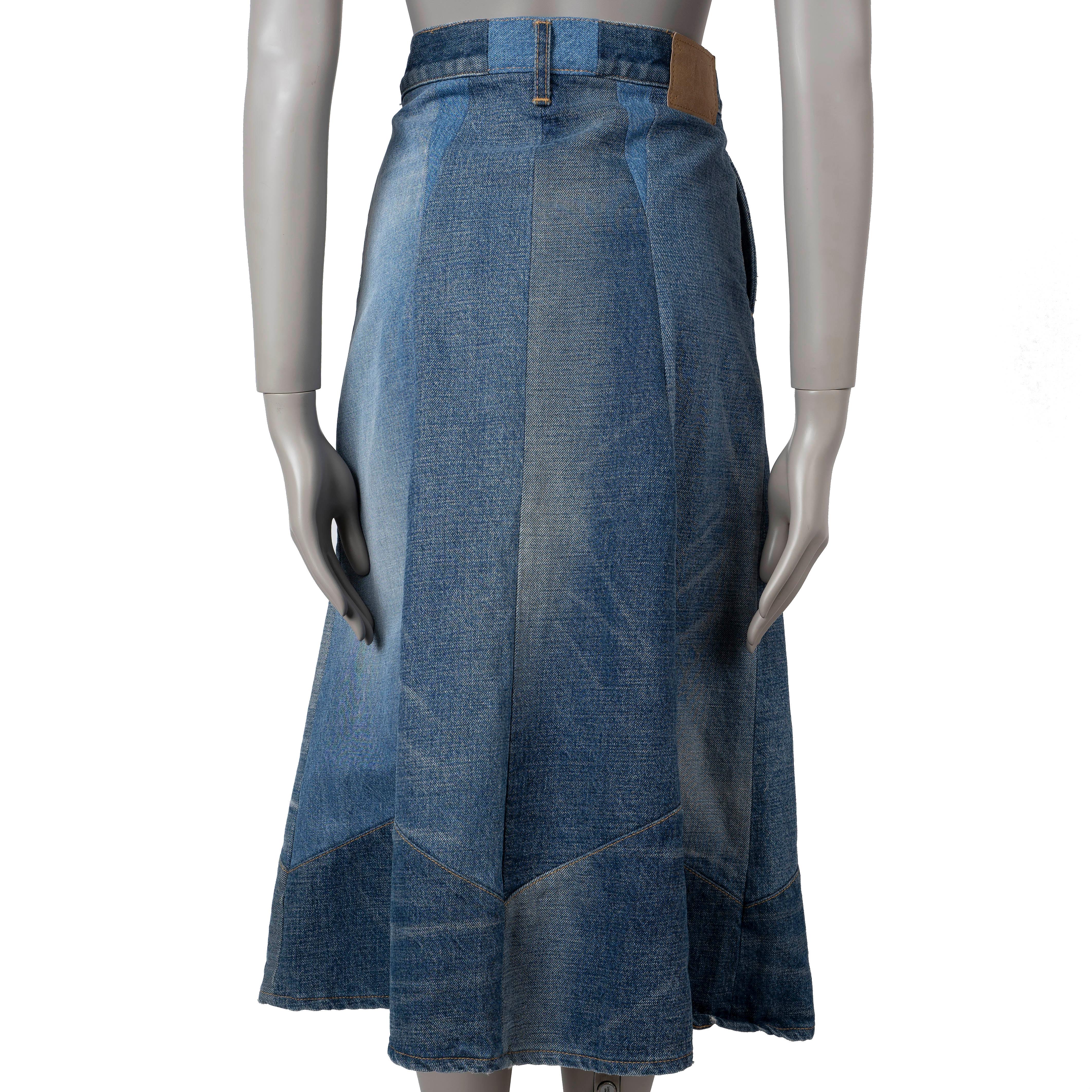 Blue CELINE blue cotton 2020 PATCHWORK DENIM MIDI Skirt 25 XS For Sale