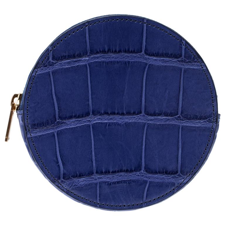 Celine Blue Croc Embossed Round Zip Coin Purse