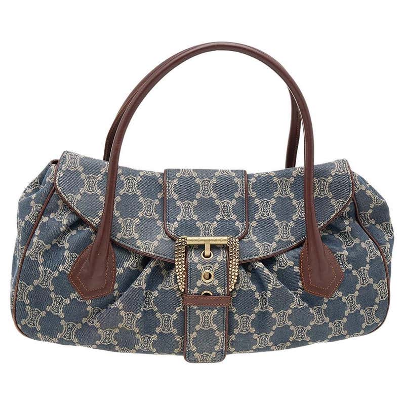 Celine Blue/White Monogram Canvas and Leather Satchel For Sale at 1stDibs