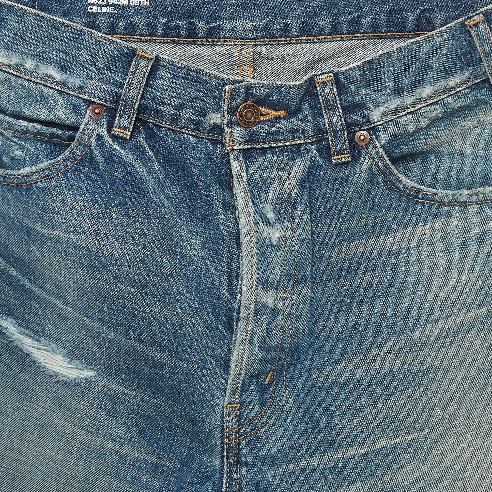 Celine Blue Distressed Denim Buttoned Shorts M Waist 32'' (taille 32'') en vente 1