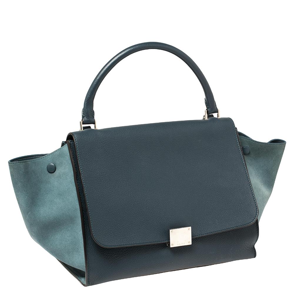 Celine Blue Leather and Suede Medium Trapeze Bag In Good Condition In Dubai, Al Qouz 2